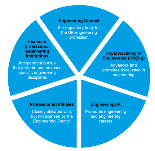 Pie chart showing key organisations in the professional engineering community, including The Royal Academy of Engineering, EngineeringUK and professional engineering institutions